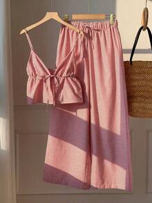 2 piezas Conjunto casual de vacaciones con rayas tejidas amarillas para mujer, /verano - Rojo y blanco - Ver 3