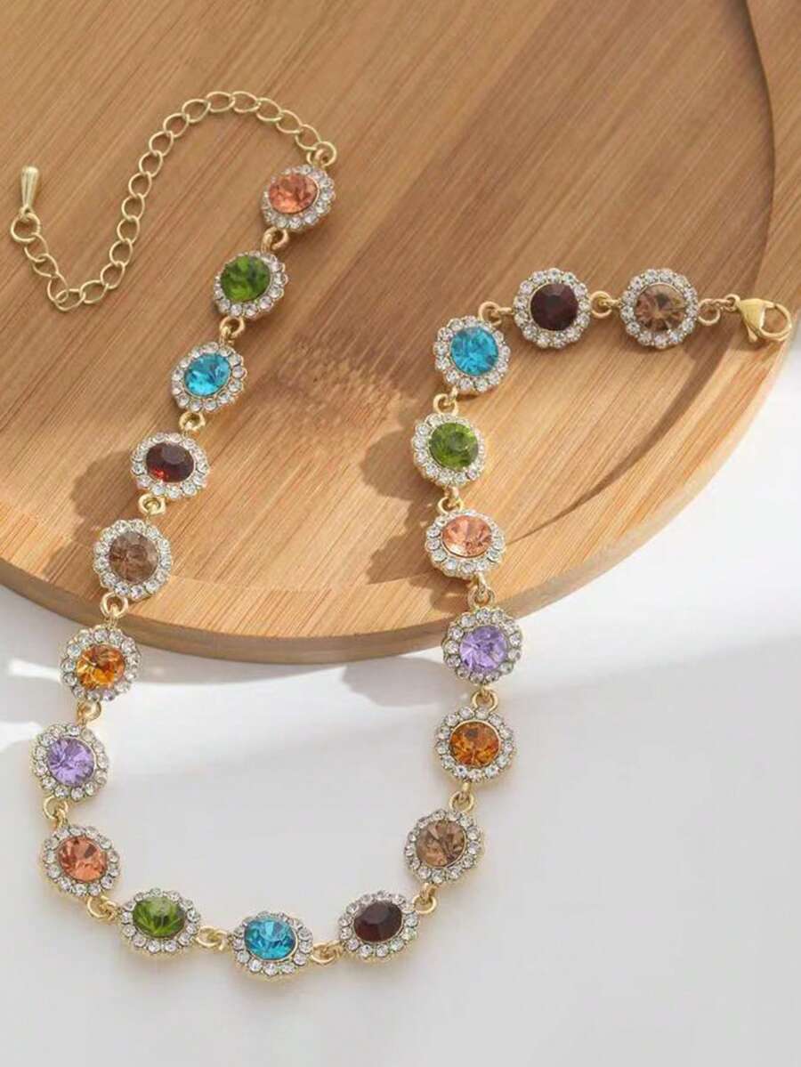 1pc Fashionable Elegant Colorful Round Crystal Necklace, Clavicle Chain, Gift For Festival, Daily Wear, Birthday - Gold - View 1