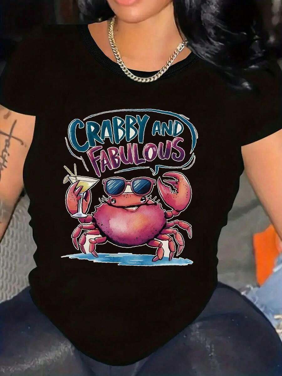 Women's Short Sleeve T-Shirt, Women's Holiday Clothes, Fitted T-Shirt With Funny Crab Print - Opaque Fabric Round Neck Top, Stylish Crab With Glasses Design, Slightly Stretchy And Comfortable, Suitable For Beach, Parties And Casual Daily Wear - Machine Washable All Season Short Sleeve T-Shirt, Weekend Style, Funny Slogan, Stretchy Material, Plus Size For Adults, Retro Summer T-Shirt With Funny Holiday Print. - 黑色 - 查看 1
