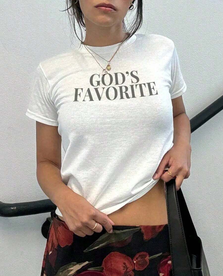 Women's Short-Sleeved Crop Tops, Printed With The Slogan "God's Favorite", Y2K Style Fitted T-Shirt, 90s Vintage Style, Religious Gift For Mother's Day, Casual. - 白色 - 查看 1