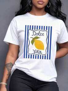 The Vibrant 'Dolce Vita' Print Featuring A Sunny Lemon Represents The Joy, Optimism, And Pleasures Of Mediterranean Life. This 100% Cotton Women's T-Shirt Evokes Sunshine, Freshness, And A Touch Of Summer Happiness. - 白色 - 查看 1