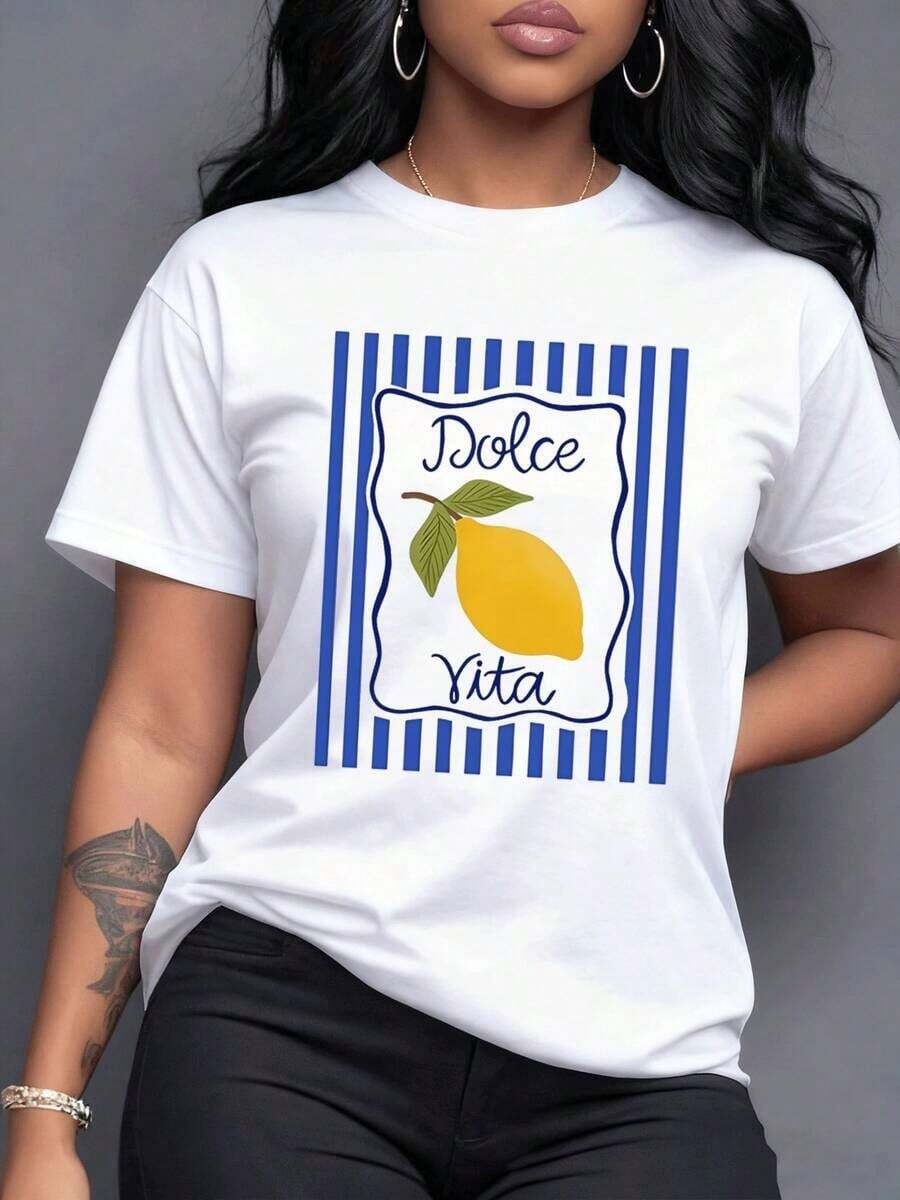The Vibrant 'Dolce Vita' Print Featuring A Sunny Lemon Represents The Joy, Optimism, And Pleasures Of Mediterranean Life. This 100% Cotton Women's T-Shirt Evokes Sunshine, Freshness, And A Touch Of Summer Happiness. - 白色 - 查看 1