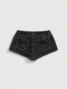SHEINxHITOMI ROMWE Shorts de Mezclilla para Mujer, Estilo Vintage, Desgastados, de Cintura Baja, con Tachuelas y Calaveras, Sexy - Negro - Ver 2