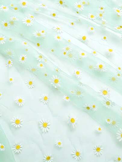 1pc Daisy Print Sheer Fabric, White Floral Mesh Tulle, Suitable For Wedding Dress, Skirt, DIY Sewing And Craft Decoration
