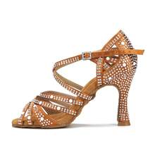 Giày khiêu vũ Latin màu đồng, giày khiêu vũ đế mềm dành cho nữ, phù hợp cho điệu nhảy Tango và Salsa, giày dạ hội bằng lụa, giày cưới lấp lánh, giày khiêu vũ chuyên dụng cho luyện tập thi đấu, gót vuông cao 9cm. - Đồng - Xem 10