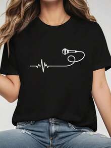 1 pieza de camiseta negra de manga corta para mujer con estampado gráfico de micrófono y ECG, top casual con temática musical, tela suave y transpirable, lavable a máquina, atuendo casual versátil para mujeres y adolescentes, regalo de cumpleaños o vacaciones, ropa para fanáticos de la música, diseño musical, ajuste cómodo, camiseta Y2k. - Negro - Ver 1