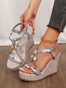 Women's Fashion Round Toe Open Toe Summer Plus Size Bohemian Style Platform Wedge Sandals - Blue - View 7
