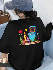 Camiseta divertida crayon diseño colorido original arte moderno cómo nuevo casual unisex estilo urbano ideal para jóvenes talla única negro moda trendy - Negro - Ver 1