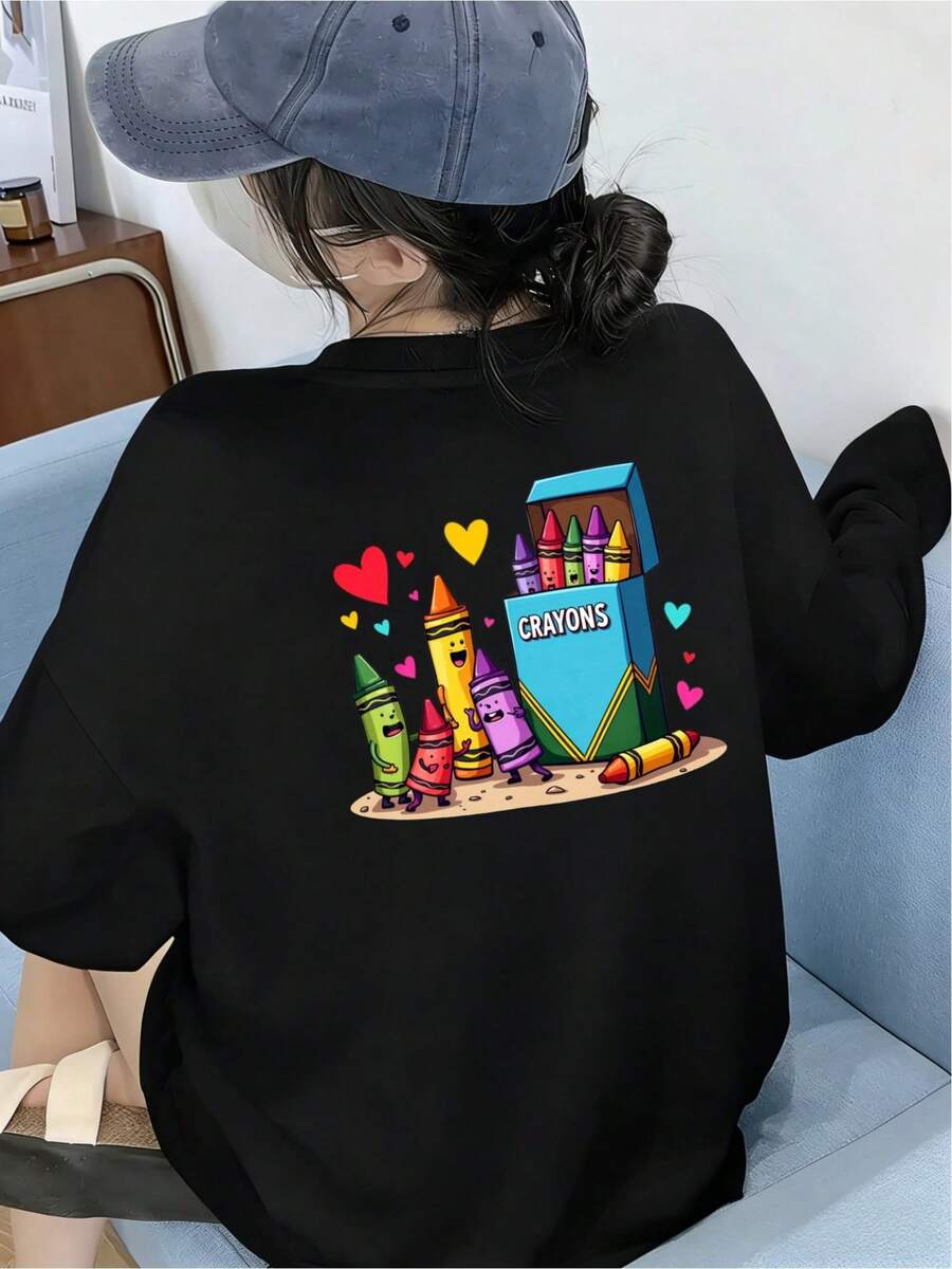Camiseta divertida crayon diseño colorido original arte moderno cómo nuevo casual unisex estilo urbano ideal para jóvenes talla única negro moda trendy - Negro - Ver 1