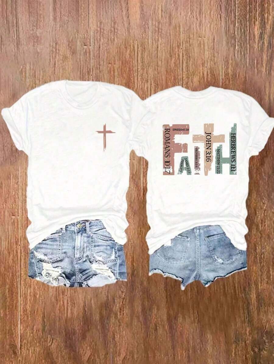 Vintage Christian Short Sleeve T-Shirt With Bible Verses, Casual T-Shirt, Retro T-Shirt With Cross Print, "Pray Mom" Crew Neck T-Shirt, Graphic T-Shirts For Women - 白色 - 查看 1