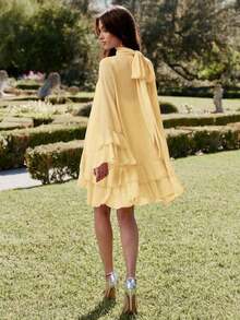 Vestido elegante de manga larga con cuello alto y diseño de capas en unicolor para mujer - Amarillo - Ver 1