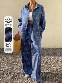 Conjunto de 2 piezas de estilo occidental de playa de primavera y verano con estampado azul, de lino holgado para mujeres, conjunto de ropa de descanso para mujeres - Azul - Ver 1