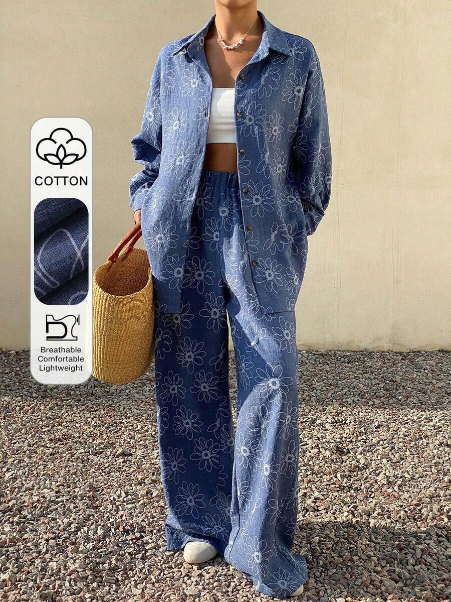 Conjunto de 2 piezas de estilo occidental de playa de primavera y verano con estampado azul, de lino holgado para mujeres, conjunto de ropa de descanso para mujeres - Azul - Ver 1