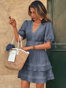 Vestido de verano de unicolor con ribete de encaje para mujer - Lavado ligero - Ver 1