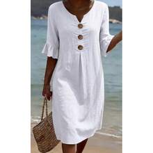 Women's Cotton Linen V-Neck Dress, Button Front Ruffle Sleeve Dress, Casual Summer Outfit - 白色 - 查看 12
