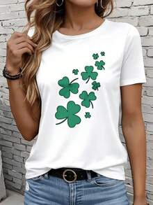 Las camisetas de manga corta para mujer en blanco y negro son adecuadas para el ocio diario, el hogar y los viajes al aire libre. Camiseta blanca para mujer con estampado de trébol de San Patricio, top casual de manga corta con diseño de trébol de la suerte para la celebración del Día de San Patricio, regalo para fiestas. - Blanco - Ver 7