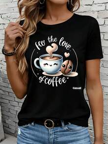 Women's Short-Sleeved T-Shirts In Black And White Are Suitable For Everyday Wear, Lounging At Home, And Outdoor Activities. Show Your Love For Coffee With The Cute Coffee Cup And Bean Design. This Casual T-Shirt For Women Makes A Great Gift For Parties Or Holidays. - 黑色 - 查看 1
