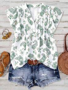 Blusa casual de mujer con estampado de cerezas, cuello plisado y mangas cortas de campana en silueta "H", para uso diario y vacaciones - Verde - Ver 1