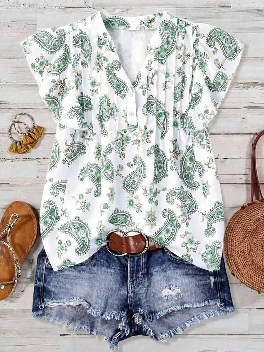 Blusa casual de mujer con estampado de cerezas, cuello plisado y mangas cortas de campana en silueta "H", para uso diario y vacaciones - Verde - Ver 1
