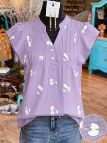 Blusa casual de mujer con estampado de cerezas, cuello plisado y mangas cortas de campana en silueta "H", para uso diario y vacaciones - Púrpura malva - Ver 3