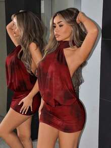 ICON Fitted Mini Dress With High Neck, Open Back And Ruffles - Multicolor 7 - View 1