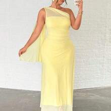 Plus Size Women's Elegant Romantic Fashion Commuter Sexy Elegant Style Asymmetrical Shoulder Bodycon Maxi Dress, Suitable For Party, Beach Vacation, Back To School, Romantic Date, Wedding Season, Birthday, Easter, Spring/Summer Dress - Amarillo - Ver 7