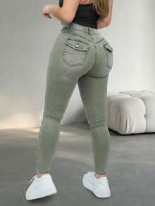 Women's Casual Slim Fit Jeans, Medium Stretch Fabric, Long Length, With Button Zipper Pockets, Suitable For Autumn Wear Fall - Green - View 7