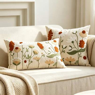 1pc Canvas Embroidered Throw Pillow Cover, 12x20 Inch, Decorative Cushion Cover With Zipper, Cute Design For Sofa, Bed, Home Decor, Room Decor, Wild Flower Pattern (Inner Pillow Not Included)
