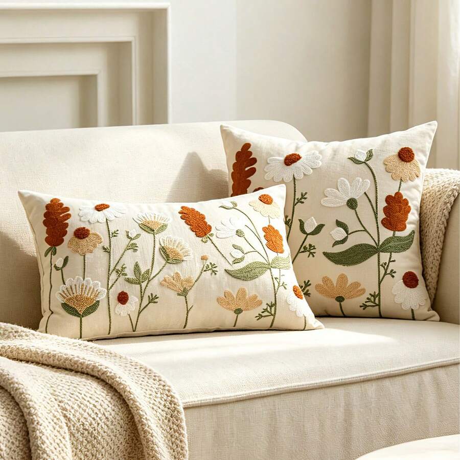 1pc Canvas Embroidered Throw Pillow Cover, 12x20 Inch, Decorative Cushion Cover With Zipper, Cute Design For Sofa, Bed, Home Decor, Room Decor, Wild Flower Pattern (Inner Pillow Not Included) - Burnt Orange - View 1