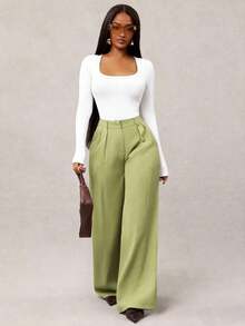 Pantalones anchos de pierna ancha de color café oscuro de moda minimalista para mujeres, pantalones de tela marrón de pierna ancha para el trabajo, pantalones de tiro alto de pierna ancha marrón para mujeres, pantalones de traje marrón para otoño/invierno - Verde - Ver 4