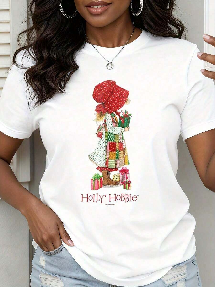 1 Piece Holly Hobbie Women's T-Shirt With Christmas Character Print, Holiday Gift Design, Casual Wear For The Festive Season, 180g, 100% Cotton. - 白色 - 查看 1