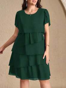 Reflora Vestido de moda con cuello redondo, mangas con volantes y estampado floral para mujer de talla grande - Verde Oscuro - Ver 8