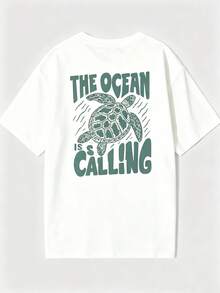 Single Garment Set, Not A 3-Piece Set. 1 Piece/Set Of Short-Sleeved T-Shirts Suitable For Streetwear. Oversized Round Neck Top For Daily Outings, Camping, Concerts, Hip-Hop, Rock, And Rap Events. Women's Short-Sleeved T-Shirts With Round Neck, Graphic Print Of Letters, Sea, Turtle, Dolphin, And Jellyfish In Various Colors. Versatile And Practical, Suitable For Women's Blouses, Vacations, And Spring And Summer Wear. - 白色 - 查看 2