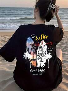 Camiseta veraniega casual estilo surf tinta gráfica playa verano diseño único moderno color negro para adolescentes y jóvenes talla S/M/L/XL categoría ropa popular - Negro - Ver 1