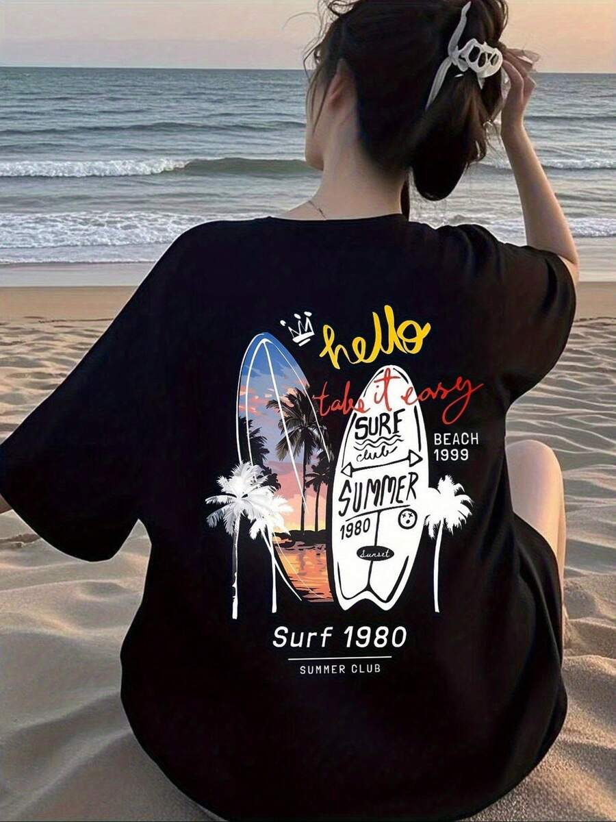 Camiseta veraniega casual estilo surf tinta gráfica playa verano diseño único moderno color negro para adolescentes y jóvenes talla S/M/L/XL categoría ropa popular - Negro - Ver 1