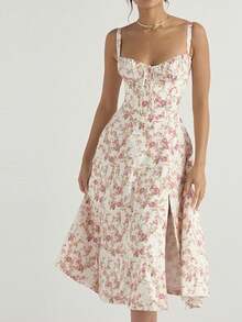 French-Style Long Strapless Dress With Soft Flowers - Gold - View 4
