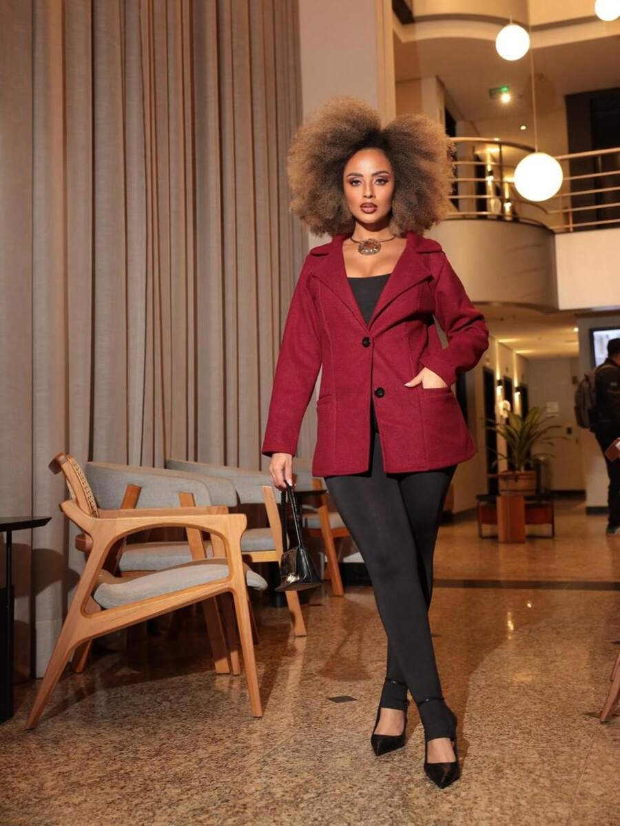 Women's Medium Overcoat With Pockets And Buttons, 100% Polyester Wool, Elegant Winter New Arrival - 瑪薩拉紅 - 查看 1