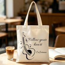 Bolsa de lona personalizable con texto de cumpleaños y nombre, bolsa de lona beige con patrón minimalista de guitarra, regalo de cumpleaños, bolso de mano para uso diario, regalo pensado para novia, amigos, bolsa de lona artística personalizada - Beis - Ver 4