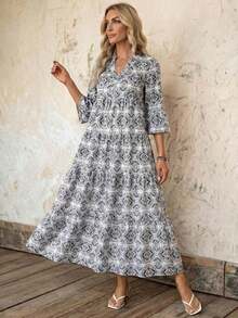 Vestido de vacaciones con mangas acampanadas y volantes en el bajo, unicolor para mujer, atuendos de vacaciones para mujer - Blanco y Negro - Ver 6