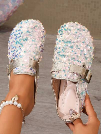 Women's White New Summer Holographic Sequin Mary Jane Flat Mules, Backless Slip-On Flat Shoes. Laser Shiny Dreamy Texture, Round Toe Flattering Foot Shape, Silver Metal Buckle Mary Jane Strap, Flat Comfortable Versatile, Slip-On Convenient, Sweet & Cool Girl Style, Suitable For Party, Date And Multiple Occasions, Mules