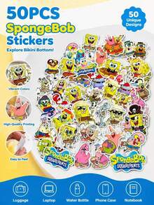 SpongeBob SquarePants 50 PIEZAS Pegatinas de Grafiti Lindas, Calcomanías Decorativas de Dibujos Animados para Fundas de Teléfono, Diarios, Vasos de Agua, Maletas y Artículos Diarios, Decoración DIY, Regalo para Amigos, Navidad, Halloween, Fiestas y Cumpleaños - Multicolor - Ver 1