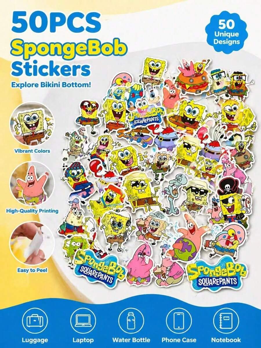 SpongeBob SquarePants 50 PIEZAS Pegatinas de Grafiti Lindas, Calcomanías Decorativas de Dibujos Animados para Fundas de Teléfono, Diarios, Vasos de Agua, Maletas y Artículos Diarios, Decoración DIY, Regalo para Amigos, Navidad, Halloween, Fiestas y Cumpleaños - Multicolor - Ver 1