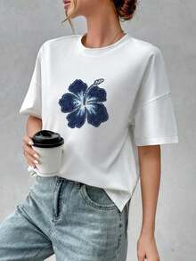 Camiseta holgada de estilo minimalista casual para mujer, con parte delantera corta y parte trasera larga, versátil para usar en la calle, adecuada para primavera y verano - Blanco 2 - Ver 4