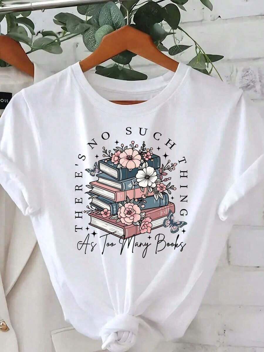 Ocio, Moda: Camiseta de Bookworm's de No Man's Land - Camiseta con diseño "No hay nunca demasiados libros", con un montón de libros y motivos florales - Camiseta suave para uso diario, ideal para noches de lectura, cómoda y holgada. - Blanco - Ver 1