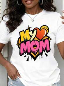 Women's Crew Neck T-Shirt With My Mom's Heart Print, Pop Art Style, Short Sleeve, Casual Wear For Mother's Day Gifts - 白色 - 查看 7