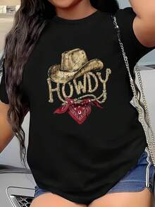 Talla Grande - Talla Grande - Camiseta Gráfica de Vaquera Occidental para Mujer - Camiseta de Vaquera Occidental de Talla Grande con Estampado "Howdy", Diseño de Sombrero Occidental y Cuerda de Vaquero - Camiseta Casual Elástica de Cuello Redondo para Y2k - Negro - Ver 1