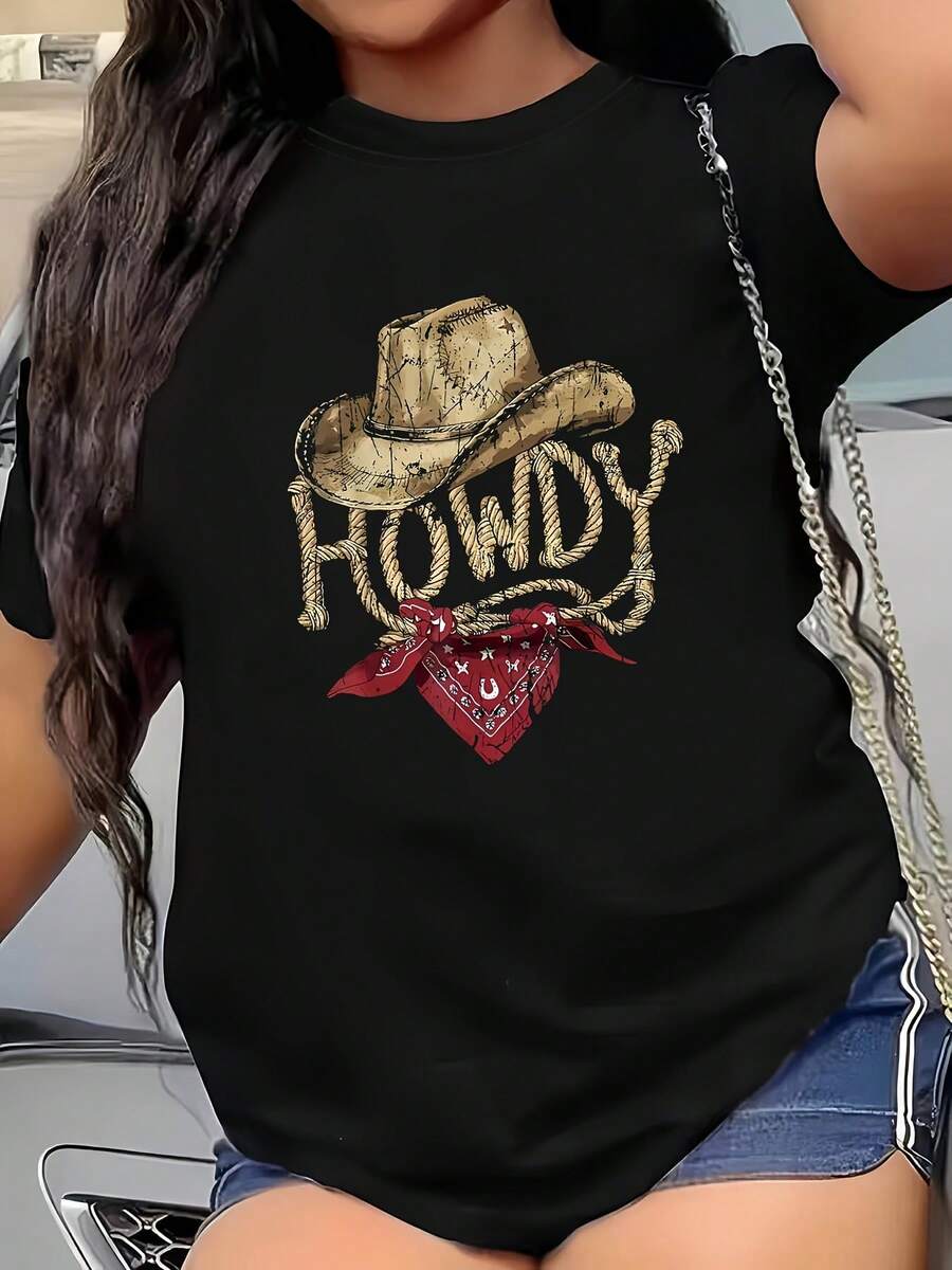 Talla Grande - Talla Grande - Camiseta Gráfica de Vaquera Occidental para Mujer - Camiseta de Vaquera Occidental de Talla Grande con Estampado "Howdy", Diseño de Sombrero Occidental y Cuerda de Vaquero - Camiseta Casual Elástica de Cuello Redondo para Y2k - Negro - Ver 1