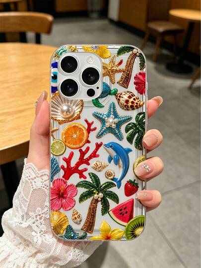 1pc Starfish & Palm Tree Pattern Full Coverage TPU Transparent Shock-Absorbing Protective Phone Case Suitable Compatible With Apple 17 Pro Max/17 Pro/17e/16e/16 Pro Max/16 Pro/15 Pro/14 Pro/13 Pro/12 Pro/11/XR/XS/7/8, Fashionable, High-Quality, Suitable For Vacation And Graduation Season, Excellent Gift For Friends