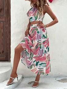 Elegant Green Fitted Short-Sleeved Blouse With Asymmetrical Shoulder + Elegant Beige A-Line Fitted Skirt, Perfect For Vacation/Resort Wear - 白色 - 查看 3