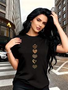 T-Shirt With An Artistic Heart Print Featuring Multiple Designs. Modern And Breathable, Suitable For Family Trips, College Activities, Casual Sports, Daily Commutes, Matching Sister Outfits-A Versatile Tee. E89T - 黑色 - 查看 4